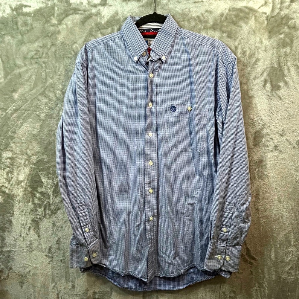 Wrangler George Strait Western Shirt Mens Large Blue Micro Check Long Sleeve
